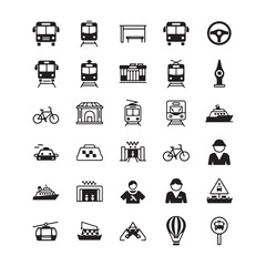 Minimal Public Transportation Icons Set – Silhouette Vector Symbols for Bus, Train, Metro, on white background.