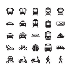 Minimal Public Transportation Icons Set – Silhouette Vector Symbols for Bus, Train, Metro, on white background.