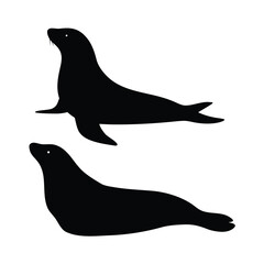 Two silhouetted seals resting on a white background in different poses