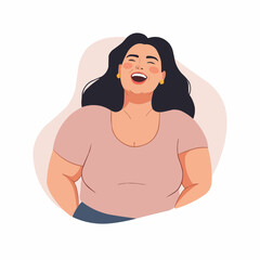 Plus-size woman laughing with long black hair on a light background  