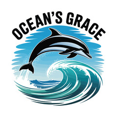 Ocean's Grace Dolphin Leaping Over Cresting Wave Illustration Expressing Marine Beauty and Joy of Aquatic Life, Evoking Conservation
