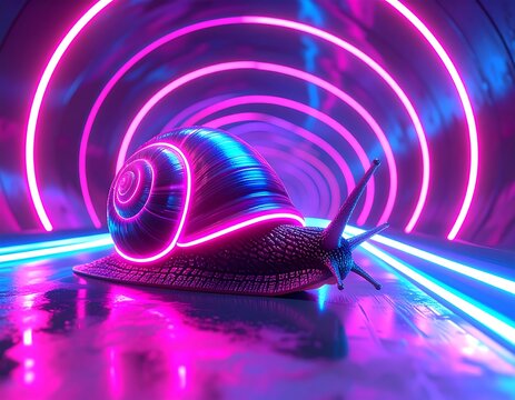 Futuristic snail in neon tunnel