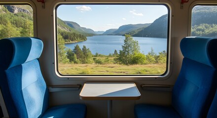 Train window view of lake and mountains