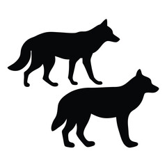 Two black silhouettes of wolves standing side by side against a white background