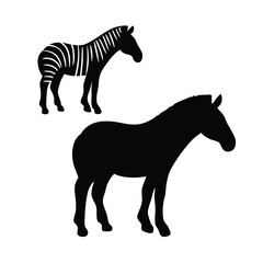 Two black silhouette zebras standing against a white background in a simple graphic style