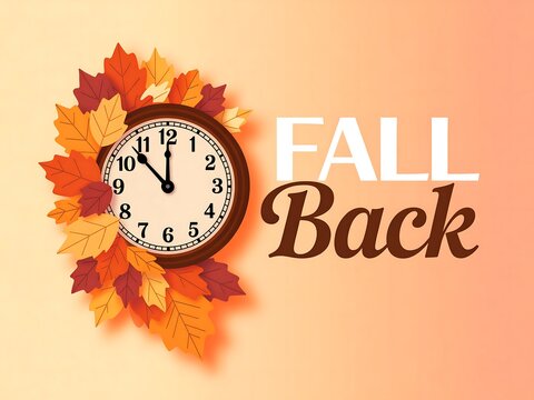 Fall back clock surrounded by autumn leaves symbolizing daylight saving time ending