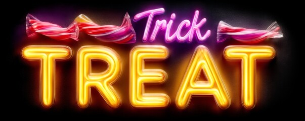 Neon Glowing Typography Of Trick Or Treat With Colorful Candy Illustrations Creating A Festive Halloween Atmosphere