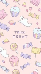 Playful Pastel Illustration Featuring Ghosts And Sweets With Trick Treat Text