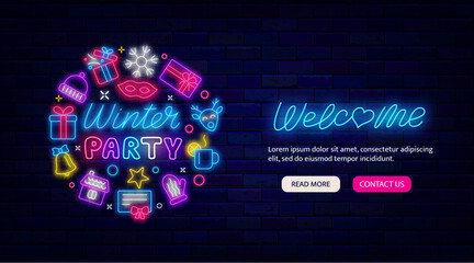 Winter party neon greeting card. Website landing page template. Circle layout with holiday icons. Vector illustration