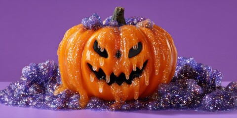 Smiling Pumpkin Monster With Tiny Fangs Surrounded By Sparkling Purple Beads On A Vibrant Purple Background