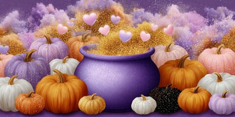 Soft Purple Cauldron Surrounded by Colorful Pumpkins and Sparkling Hearts in a Whimsical Autumn Setting