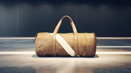 Brown leather travel bag on concrete floor