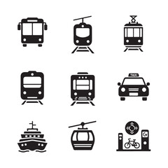 Minimal Public Transportation Icons Set – Silhouette Vector Symbols for Bus, Train, Metro, on white background.
