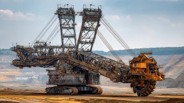 Scene features colossal mining machine in motion, complex arms and bucket-wheel extend as excavator travels, dusty landscape and layered horizon underscore scale and power of equipment.