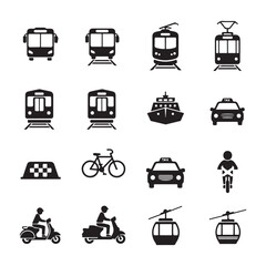 Minimal Public Transportation Icons Set – Silhouette Vector Symbols for Bus, Train, Metro, on white background.