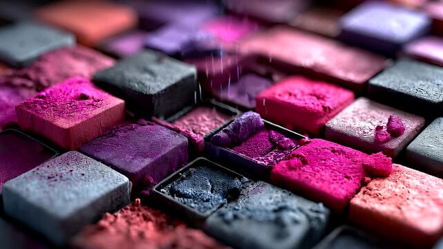 Array of vibrant, textured square blocks in pink, purple, and grey tones, sprinkled with shimmering dust