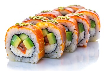 Delicious salmon avocado sushi rolls arranged in a row on a white background