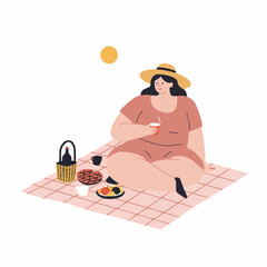 Woman enjoying picnic on blanket with food and drink in summer  