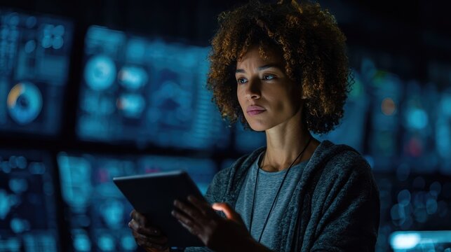 A female analyst working on a tablet in a control room. - Powered by Adobe
