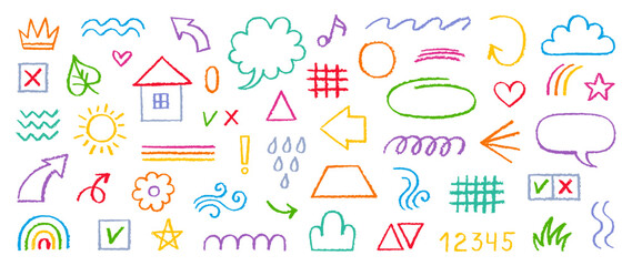 Crayon pencil kid line color element. Hand drawn brush shape. Doodle vector with chalk, crayon, pen, brush texture. Pastel color kid background with scribble arrow, heart, house, cloud, flower icon bg