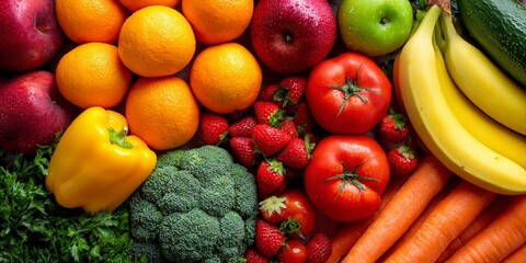 An overhead shot of a colorful assortment of fresh fruits and vegetables arranged together closely
