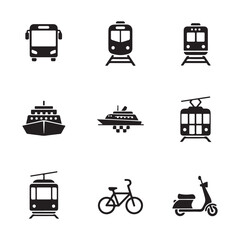 Minimal Public Transportation Icons Set – Silhouette Vector Symbols for Bus, Train, Metro, on white background.