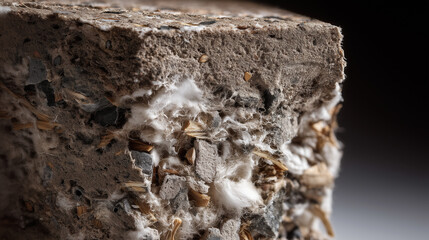  Macro detail of a brick made from compressed construction waste and mycelium