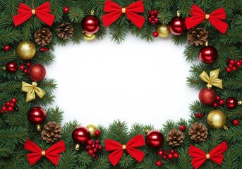 Festive Christmas Border Design with Pine Needles, Baubles, and Red Ribbons