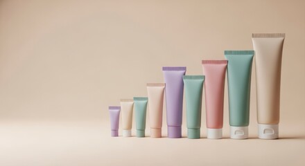 Cosmetic product tubes arranged in ascending size on a beige background