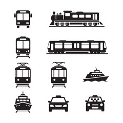 Minimal Public Transportation Icons Set – Silhouette Vector Symbols for Bus, Train, Metro, on white background.