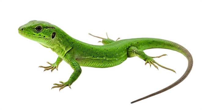 Green keel-bellied lizard (Gastropholis prasina) isolated on white background with clipping path, exotic reptile species from East Africa, rare arboreal lizard, wildlife nature animal for design and e
