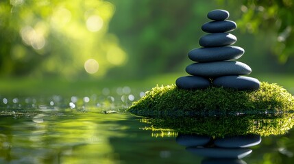 Obraz premium Balanced stack of smooth black spa stones on moss in the middle of calm water with a blurred green background, representing tranquility, harmony, zen meditation, and peaceful balance found in nature.