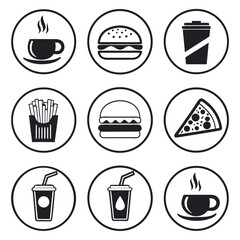 Coffee, Fast food, Burger, Pizza, Fries, Drink, Juice, Tea, Cup, Food icon, Cafe black and white icon (8).eps