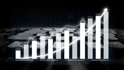 Stylish data visualization showcasing a bar graph and line trend over a keyboard, representing financial growth and analysis for modern business needs. Copula