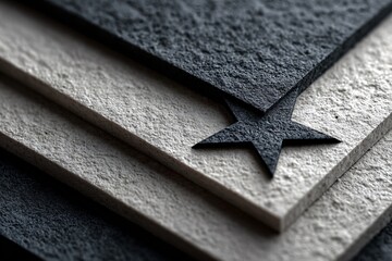 Abstract composition of layered textured surfaces with a star element, showcasing contrast and depth.