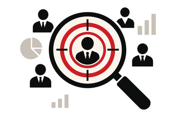 Magnifying glass focusing on target audience with business people and charts