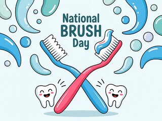 Celebrate national brush day with cute toothbrushes and happy teeth illustration
