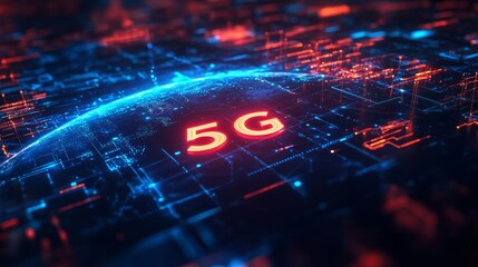 Futuristic digital network with glowing 5G symbol above Earth, high speed internet, global communication technology and modern data connection concept in blue and red neon virtual cyberspace design