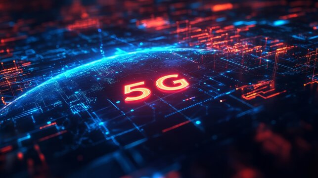 Futuristic digital network with glowing 5G symbol above Earth, high speed internet, global communication technology and modern data connection concept in blue and red neon virtual cyberspace design