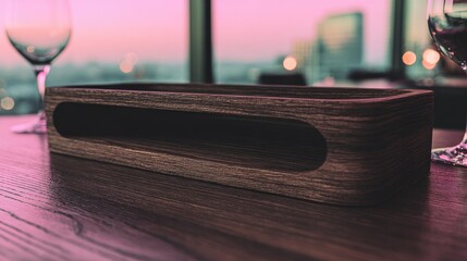 Wooden tray on table with glasses