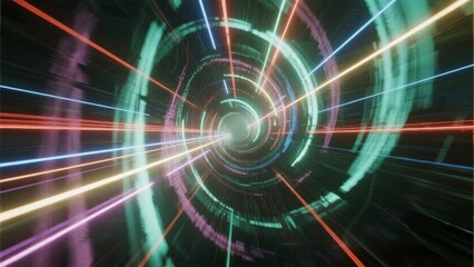 Fototapeta premium Digital tunnel with glowing neon lines and circular patterns creating a futuristic motion effect