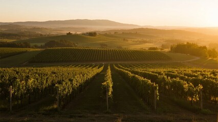 Fototapeta premium Sunset over rolling vineyards with rows of grapevines stretching into the distance