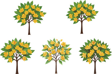 Yellow flowering tree icon set, cartoon nature clipart, green foliage illustrations, tropical garden graphics, vector botanical design bundle