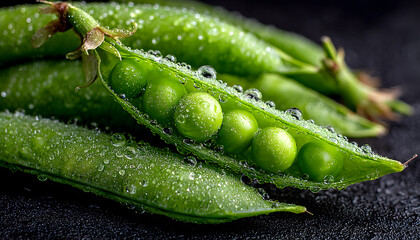 Close up of clean Green peas with water drop in dark black background. Fresh fruit and Vegetable concept. Nutrition and vitamin theme. 