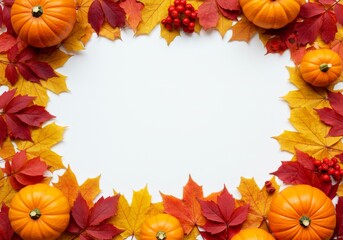 Fototapeta premium Minimalist Autumn Background with Vibrant Leaves and Pumpkins Forming a Frame with Clean White Space