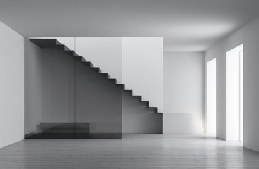 Modern, minimalist interior showcasing a stylishly designed staircase with glass panels, bathed in soft, natural light.