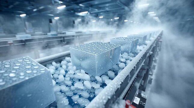 Frozen food distribution center: Insulated packages moving through frost-covered conveyor system in sub-zero warehouse  
