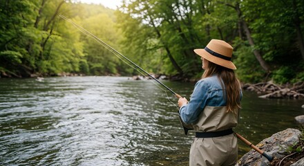 Woman fly fishing river landscape