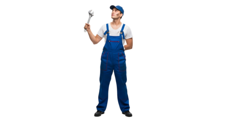 A blue - overalled mechanic gazes upwards while holding a wrench set against a stark black backdrop He is ready to fix the issue