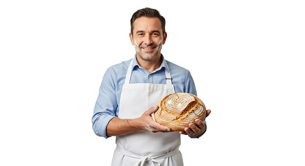 A smiling baker with a flour - dusted face holds a freshly baked loaf of bread showcasing his craft and passion for baking